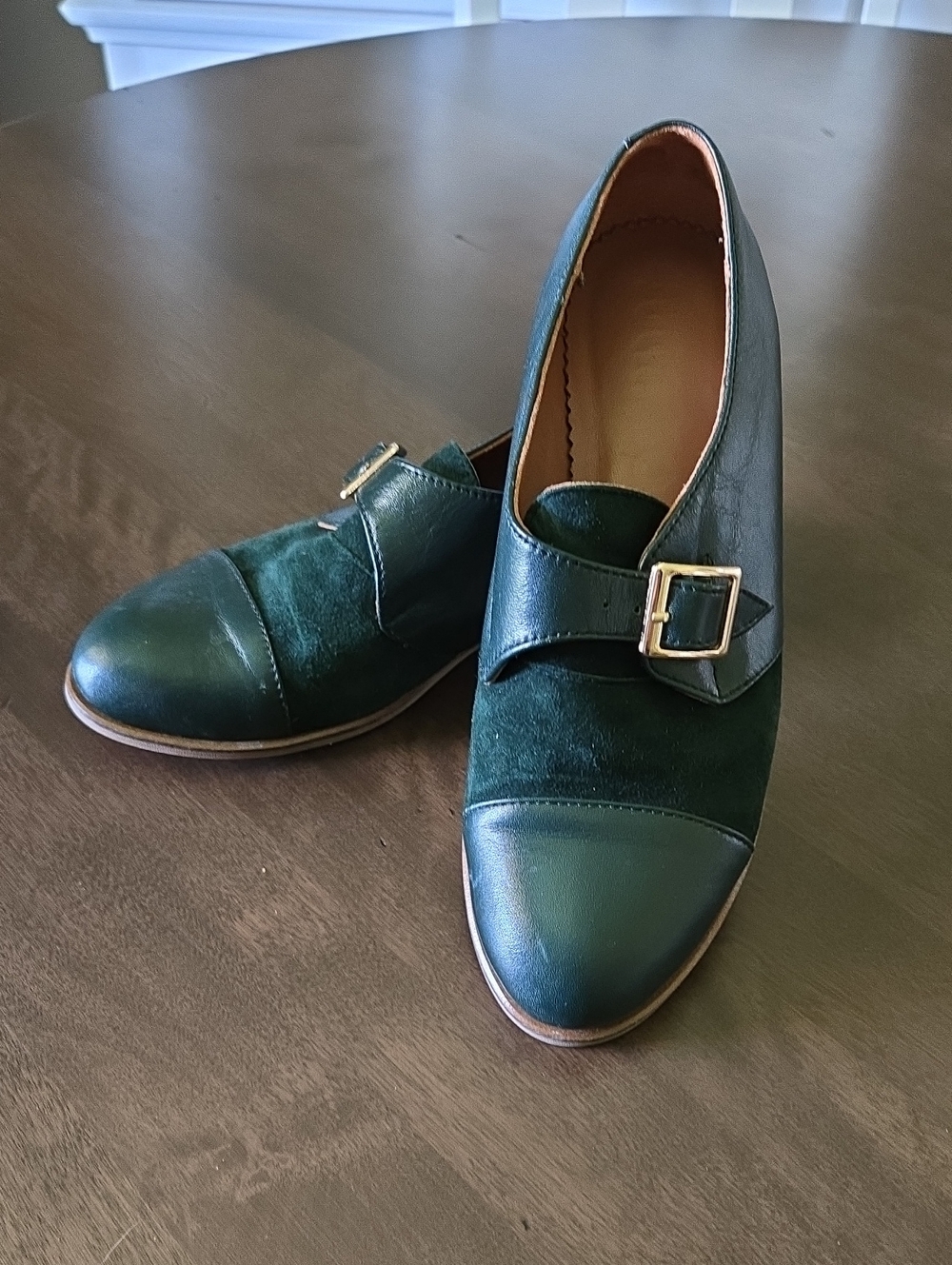 Julia Bo Green Leather Duke Monk Loafers Shoes Size 39